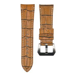 26mm Leather Watch Strap - Brown Alligator Leather/Polished Silver - Watch Band